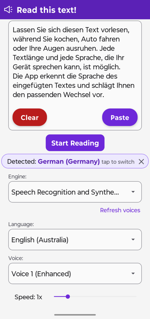 The app showing a detected language suggestion chip above the engine, language and voice pickers
