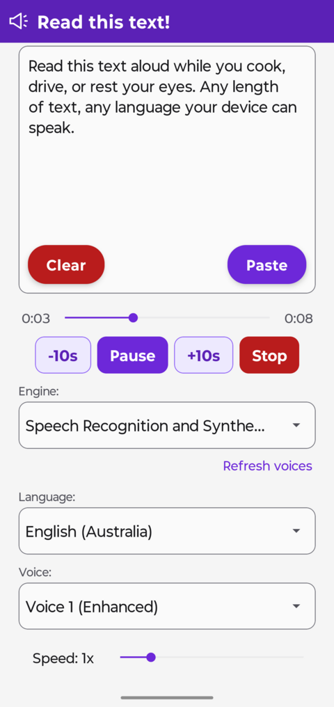 The app playing, with a seek bar showing elapsed and total time and the -10s, Pause, +10s and Stop buttons